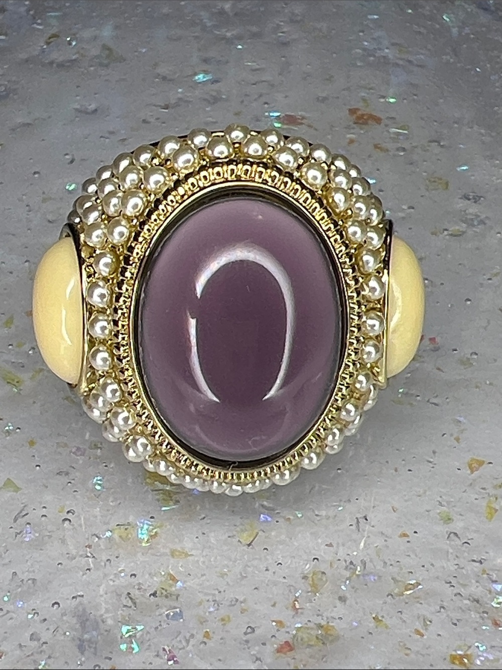 Camille Lucie Cocktail Ring Purple Cabochon Faux Pearls Gold Tone Size 8 Large